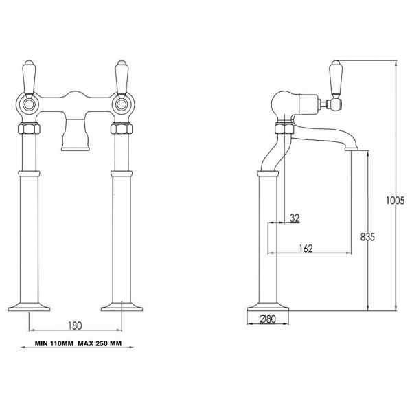 JTP Grosvenor Lever Chrome Floor Standing Bath Filler Tap with Black Lever #2