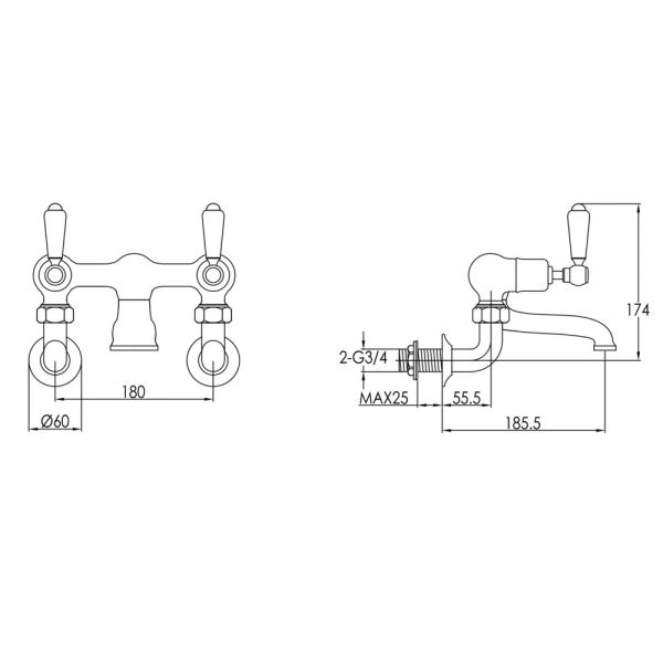 JTP Grosvenor Lever Chrome Wall Mounted Bath Filler Tap with Black Lever #2