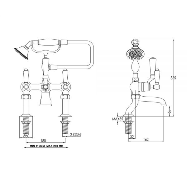 JTP Grosvenor Lever Chrome Deck Mounted Bath Shower Mixer Tap with Black Levers #2