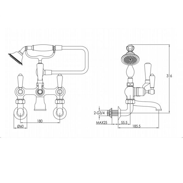 JTP Grosvenor Lever Chrome Wall Mounted Bath Shower Mixer Tap with Black Lever #2