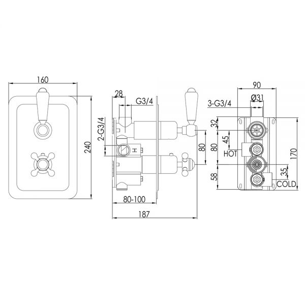 JTP Grosvenor Lever Chrome Single Outlet Thermostatic Shower Valve with Black Lever #2