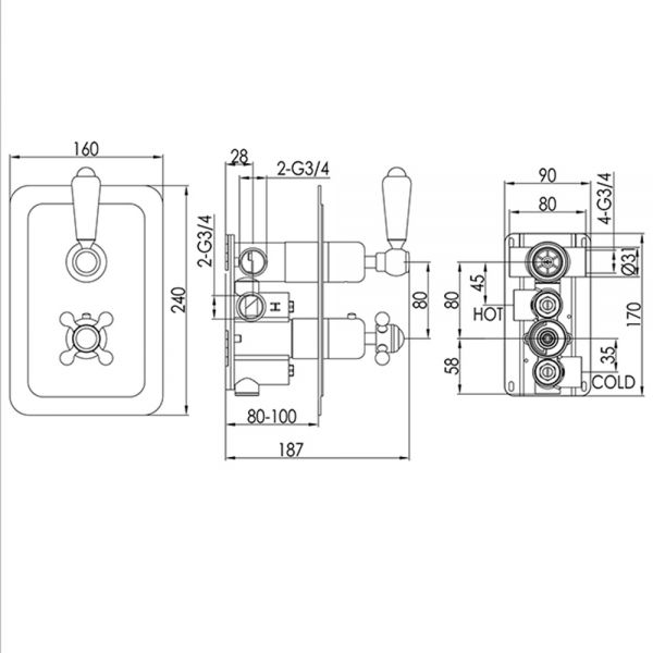 JTP Grosvenor Lever Chrome Two Outlet Thermostatic Shower Valve with Black Lever #2
