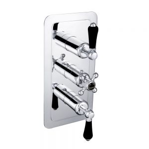 JTP Grosvenor Lever Chrome Vertical Two Outlet Three Handle Thermostatic Shower Valve with Black Levers