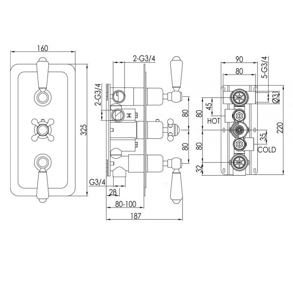 JTP Grosvenor Lever Chrome Vertical Three Outlet Thermostatic Shower Valve with Black Levers #2