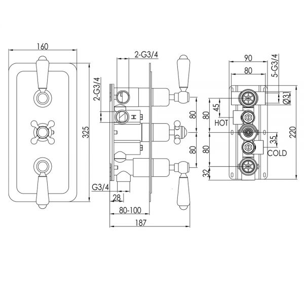 JTP Grosvenor Lever Chrome Horizontal Three Outlet Thermostatic Shower Valve with Black Levers #2