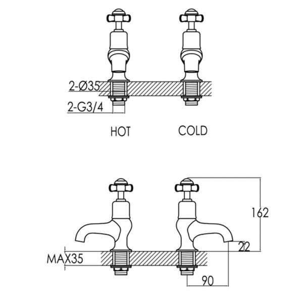 JTP Grosvenor Pinch Chrome Bath Pillar Taps with Black Indices #2