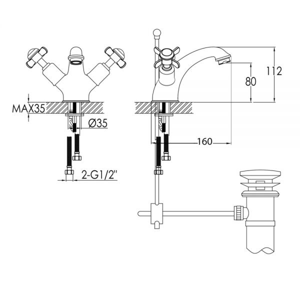 JTP Grosvenor Pinch Chrome Basin Mixer Tap with Pop Up Waste and Black Indices #2