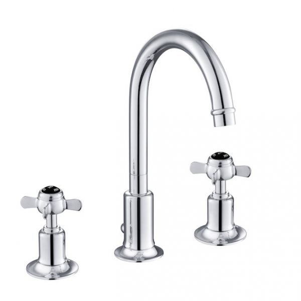 JTP Grosvenor Pinch Chrome 3 Hole Basin Mixer Tap with Pop Up Waste and Black Indices