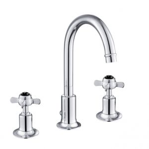 JTP Grosvenor Pinch Chrome 3 Hole Basin Mixer Tap with Pop Up Waste and Black Indices