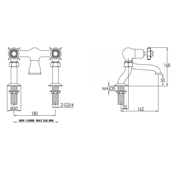 JTP Grosvenor Pinch Chrome Deck Mounted Bath Filler Tap with Black Indices #2