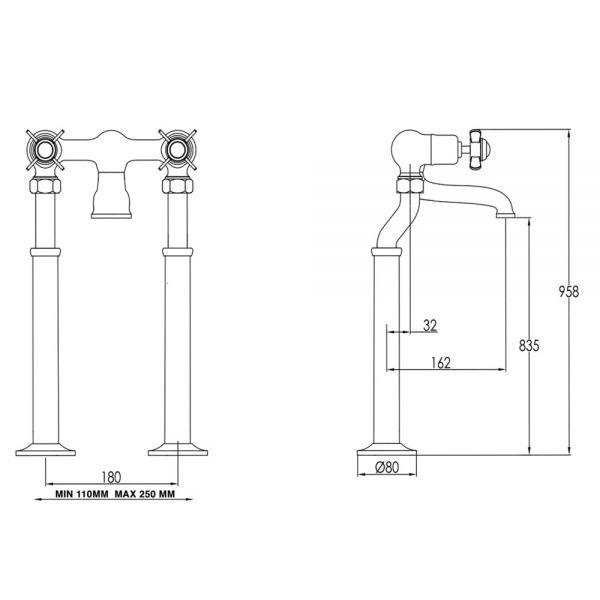 JTP Grosvenor Pinch Chrome Floor Standing Bath Filler Tap with Black Indices #2