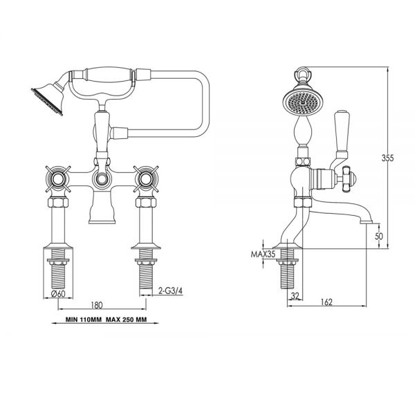 JTP Grosvenor Pinch Chrome Deck Mounted Bath Shower Mixer Tap with Black Indices #2