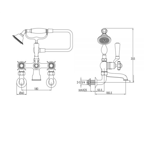 JTP Grosvenor Pinch Chrome Wall Mounted Bath Shower Mixer Tap with Black Indices #2