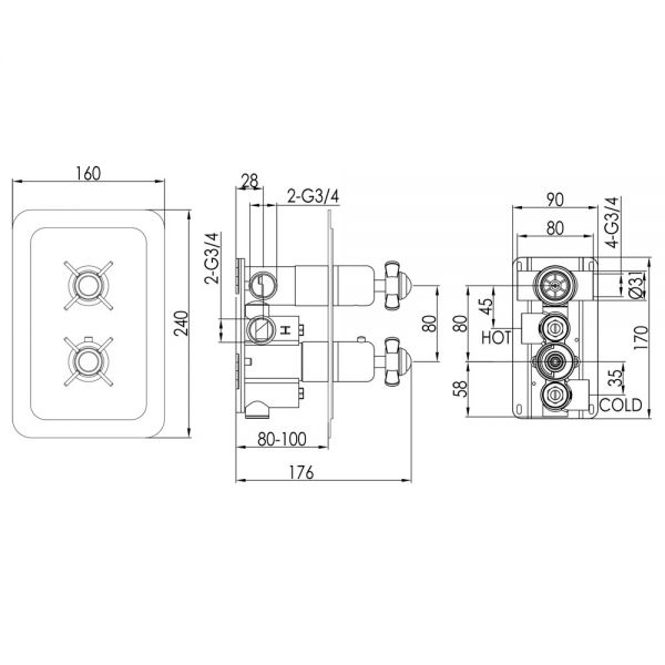 JTP Grosvenor Pinch Chrome Two Outlet Thermostatic Shower Valve with Black Indices #2