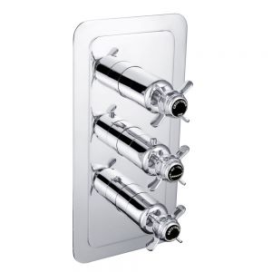 JTP Grosvenor Pinch Chrome Vertical Two Outlet Three Handle Thermostatic Shower Valve with Black Indices