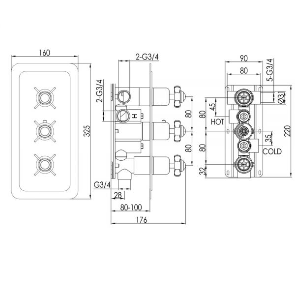 JTP Grosvenor Pinch Chrome Vertical Three Outlet Thermostatic Shower Valve with Black Indices #2