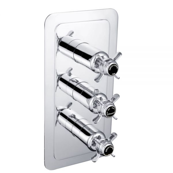 JTP Grosvenor Pinch Chrome Vertical Three Outlet Thermostatic Shower Valve with Black Indices