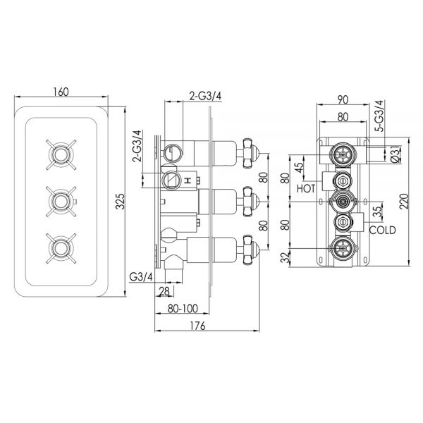 JTP Grosvenor Pinch Chrome Horizontal Three Outlet Thermostatic Shower Valve with Black Indices #2