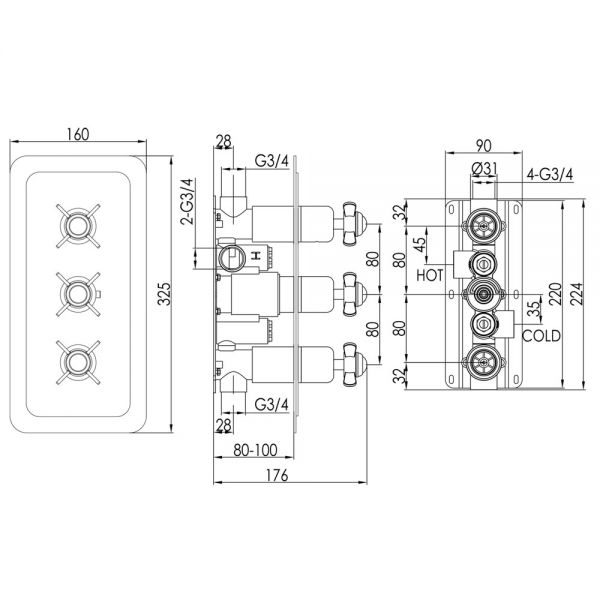 JTP Grosvenor Pinch Chrome Horizontal Two Outlet Thermostatic Shower Valve with Black Indices #2