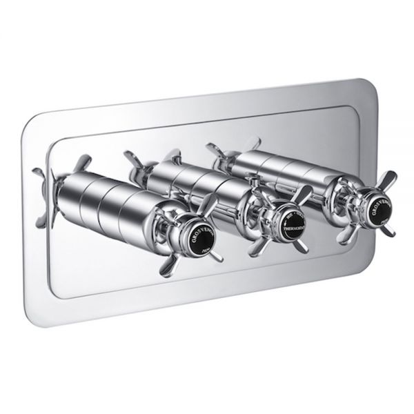 JTP Grosvenor Pinch Chrome Horizontal Two Outlet Thermostatic Shower Valve with Black Indices