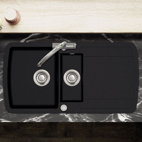 Clearwater Gemini 1.5 One and a Half Bowl Inset Jet Granite Kitchen Sink with Drainer 960 x 500 #3