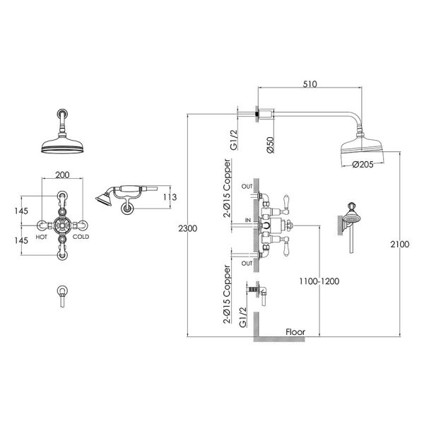 JTP Grosvenor Brushed Brass Thermostatic Two Outlet Traditional Shower Kit #2