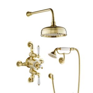 JTP Grosvenor Brushed Brass Thermostatic Two Outlet Traditional Shower Kit