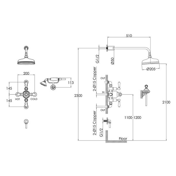 JTP Grosvenor Polished Gold Thermostatic Two Outlet Traditional Shower Kit #2