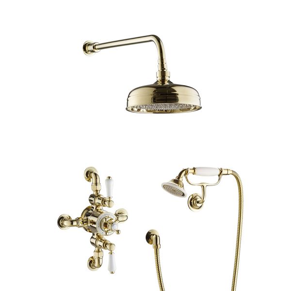JTP Grosvenor Polished Gold Thermostatic Two Outlet Traditional Shower Kit