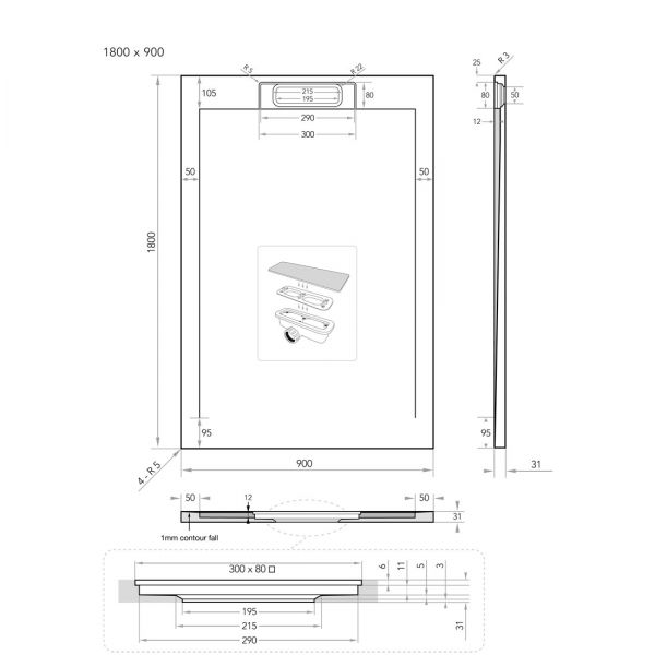 Tissino Giorgio Lux 1800 x 900 Rectangular Slate Effect Shower Tray #3