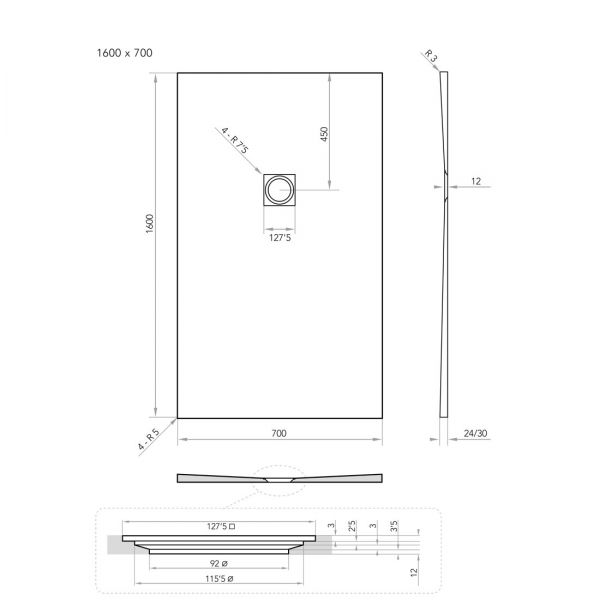 Tissino Giorgio2 1600 x 700 Rectangular White Slate Effect Shower Tray #2