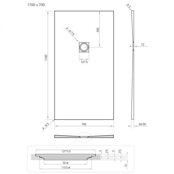 Tissino Giorgio2 1700 x 700 Rectangular White Slate Effect Shower Tray #2