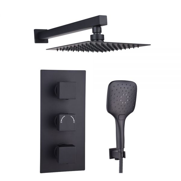 Hartland Orca Black Square Thermostatic Dual Outlet 3 Handle Wall Mounted Shower Kit