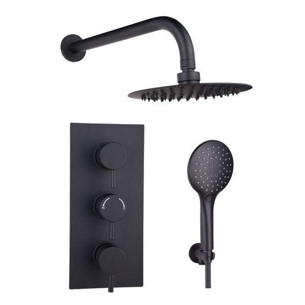 Hartland Orca Black Round Thermostatic Dual Outlet 3 Handle Wall Mounted Shower Kit