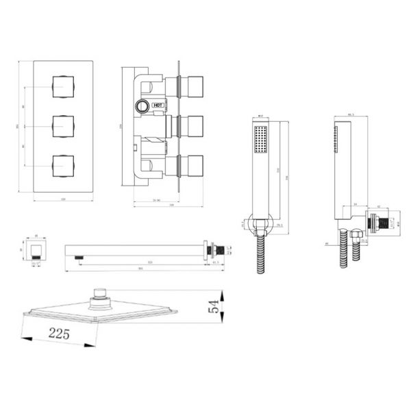 Hartland Gun Metal Square Thermostatic Dual Outlet 3 Handle Wall Mounted Shower Kit #2