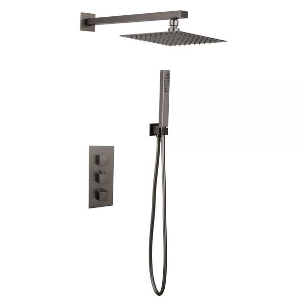 Hartland Gun Metal Square Thermostatic Dual Outlet 3 Handle Wall Mounted Shower Kit