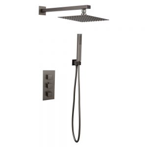Hartland Gun Metal Square Thermostatic Dual Outlet 3 Handle Wall Mounted Shower Kit
