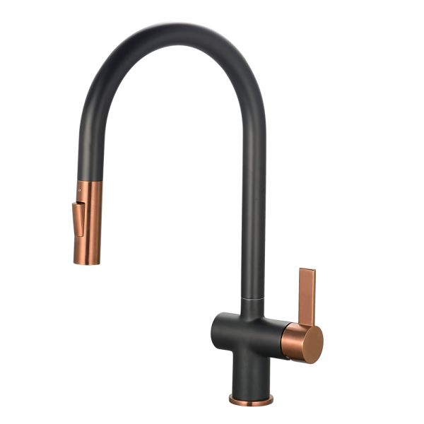 Hartland Mayhill Black and Rose Gold Single Lever Pull Out Kitchen Mixer Tap