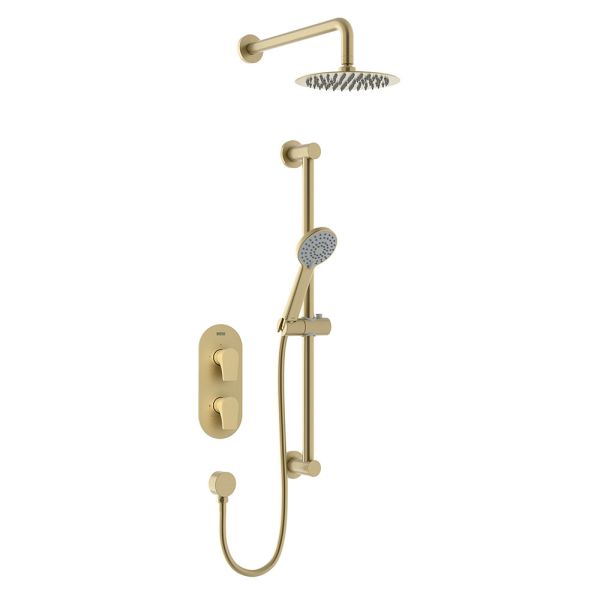 Bristan Hourglass Brushed Brass 2 Outlet Shower Pack with Overhead Shower and Riser Rail Kit