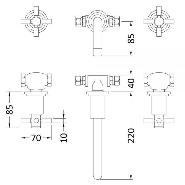 Hudson Reed Tec Crosshead Brushed Brass 3 Hole Wall Mounted Basin Mixer Tap #2