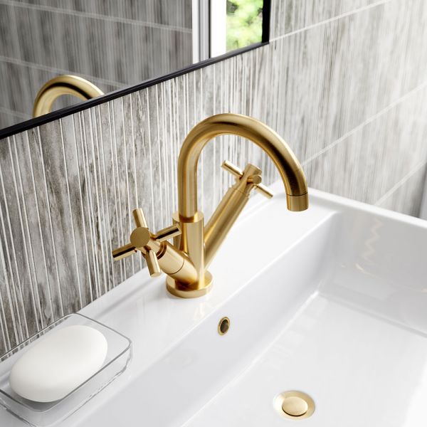 Hudson Reed Tec Crosshead Brushed Brass Mono Basin Mixer Tap with Waste #2