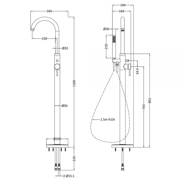 Hudson Reed Tec Lever Black Floor Standing Bath Shower Mixer Tap #2