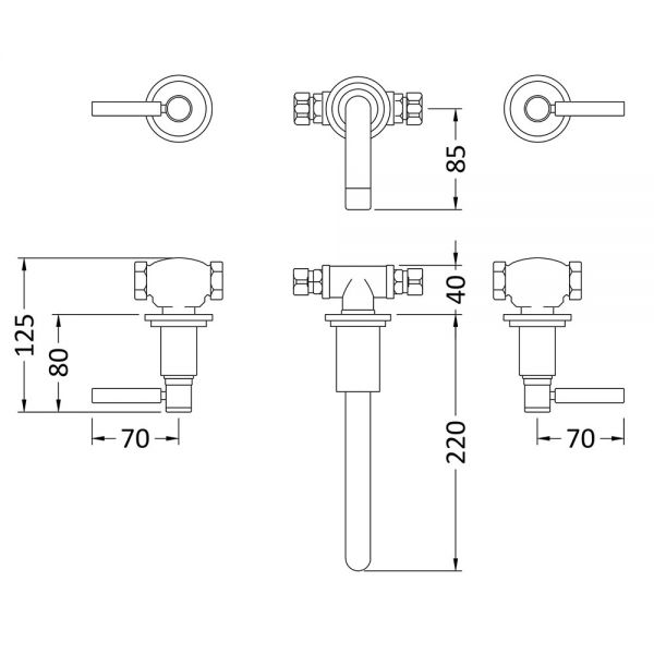 Hudson Reed Tec Lever Brushed Brass 3 Hole Wall Mounted Basin Mixer Tap #2