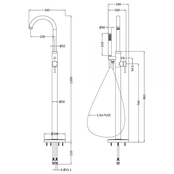 Hudson Reed Tec Lever Brushed Brass Floor Standing Bath Shower Mixer Tap #2