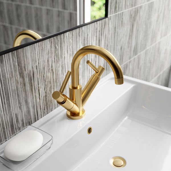 Hudson Reed Tec Lever Brushed Brass Mono Basin Mixer Tap with Waste #2