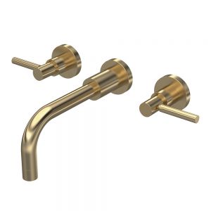 Hudson Reed Tec Lever Brushed Brass 3 Hole Wall Mounted Basin Mixer Tap