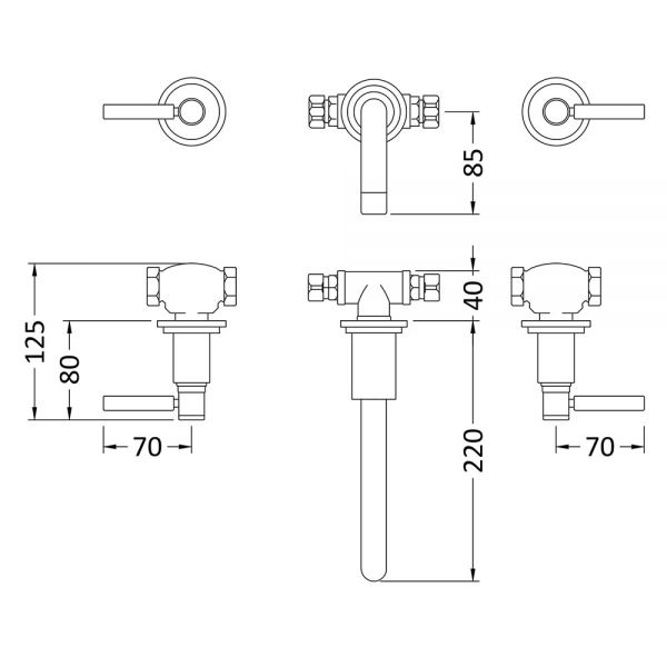 Hudson Reed Tec Lever Chrome 3 Hole Wall Mounted Basin Mixer Tap #2