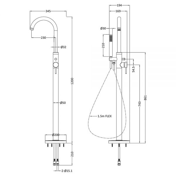Hudson Reed Tec Lever Chrome Floor Standing Bath Shower Mixer Tap #3