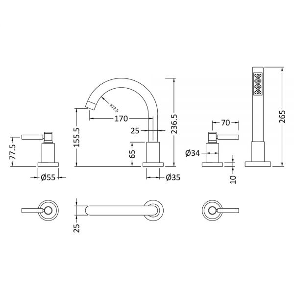 Hudson Reed Tec Lever Chrome Deck Mounted 4 Hole Bath Shower Mixer Tap #2