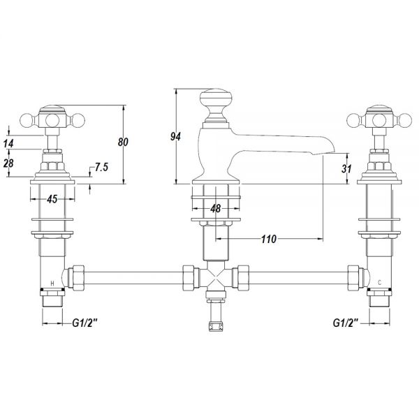 Hudson Reed Topaz Crosshead Brushed Brass Deck Mounted 3 Hole Basin Mixer Tap with Pop Up Waste #2